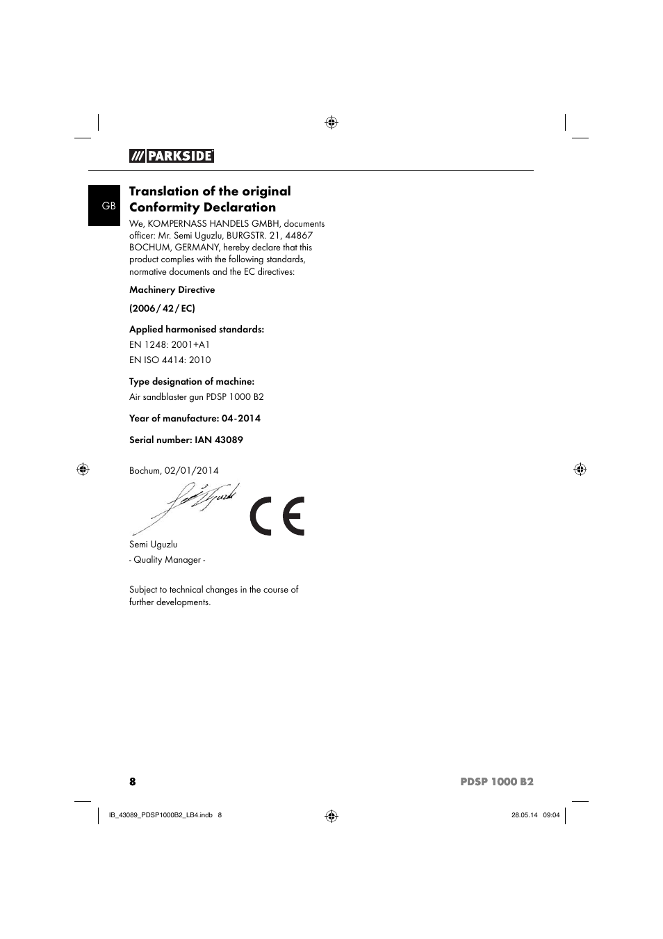 Translation of the original conformity declaration | Parkside PDSP 1000 B2 User Manual | Page 12 / 53