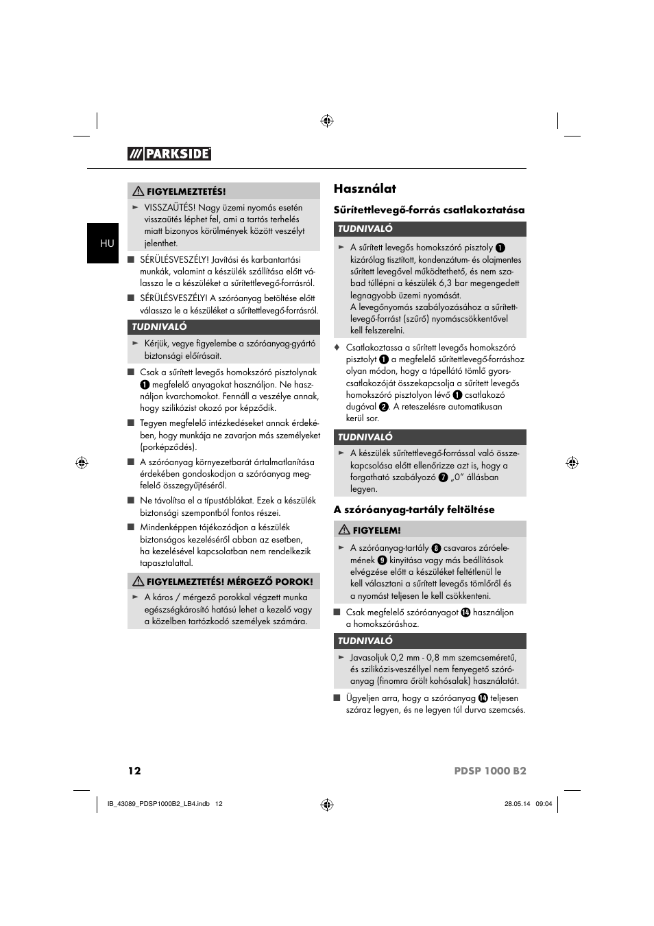 Használat | Parkside PDSP 1000 B2 User Manual | Page 16 / 53