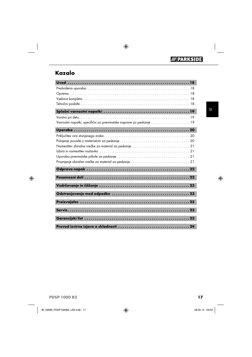 Kazalo | Parkside PDSP 1000 B2 User Manual | Page 21 / 53