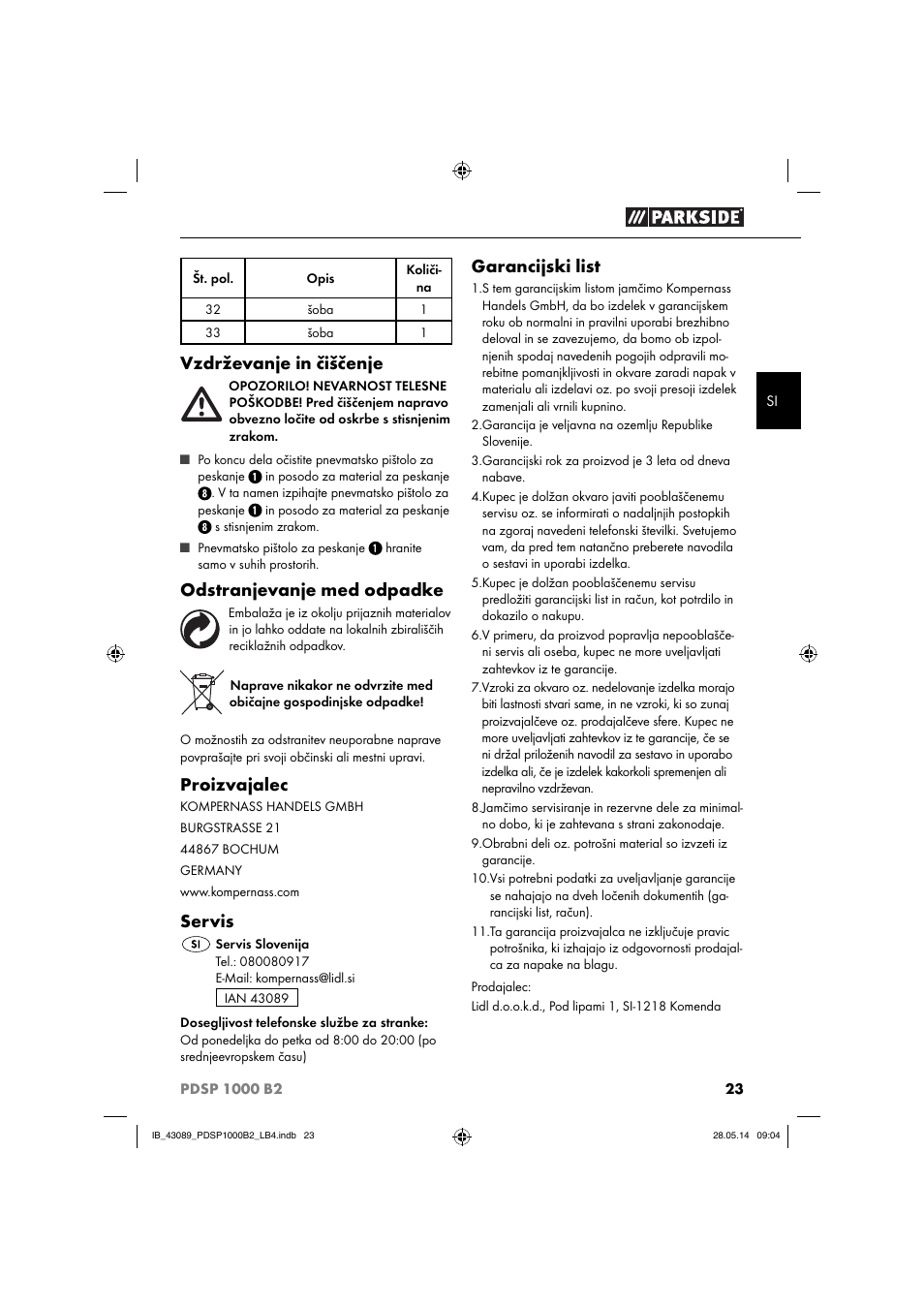 Vzdrževanje in čiščenje, Odstranjevanje med odpadke, Proizvajalec | Servis, Garancijski list | Parkside PDSP 1000 B2 User Manual | Page 27 / 53