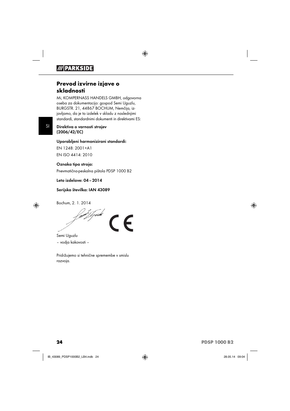 Prevod izvirne izjave o skladnosti | Parkside PDSP 1000 B2 User Manual | Page 28 / 53
