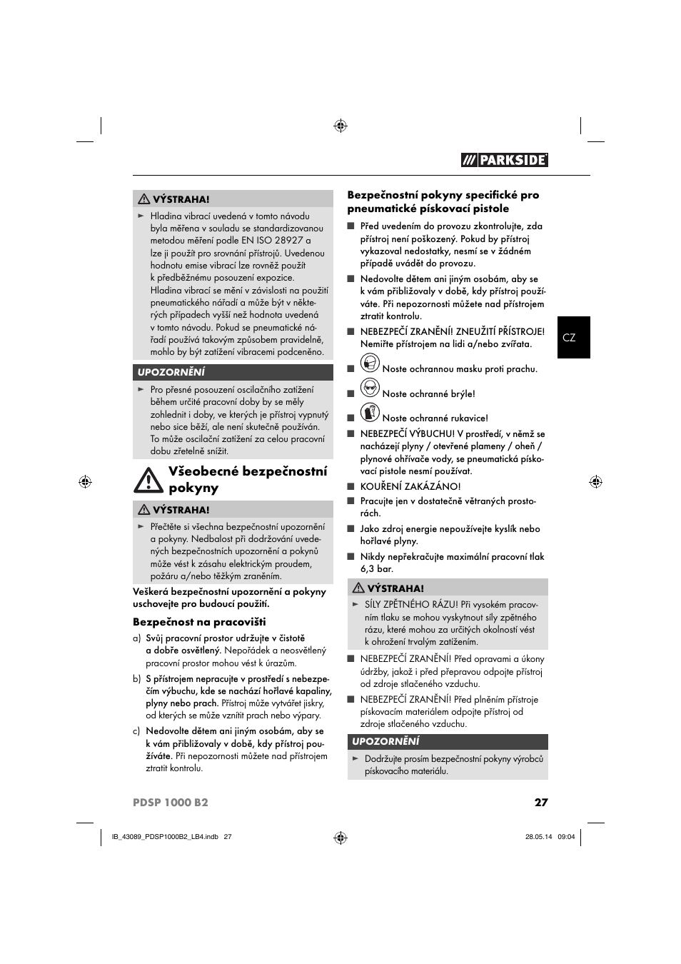 Všeobecné bezpečnostní pokyny | Parkside PDSP 1000 B2 User Manual | Page 31 / 53