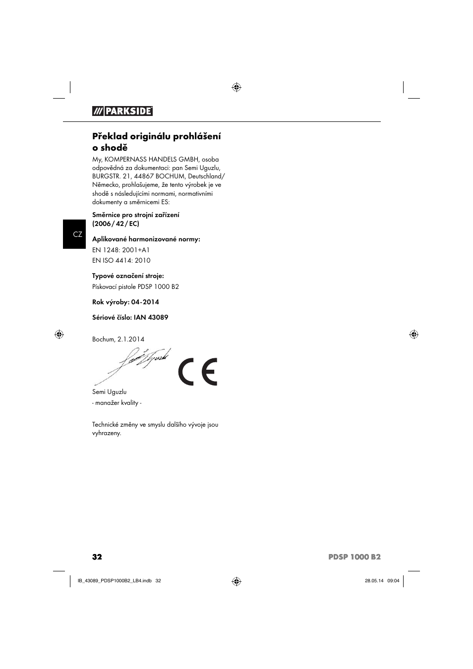 Překlad originálu prohlášení o shodě | Parkside PDSP 1000 B2 User Manual | Page 36 / 53