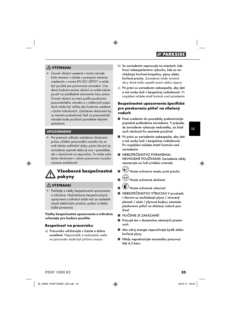 Všeobecné bezpečnostné pokyny | Parkside PDSP 1000 B2 User Manual | Page 39 / 53