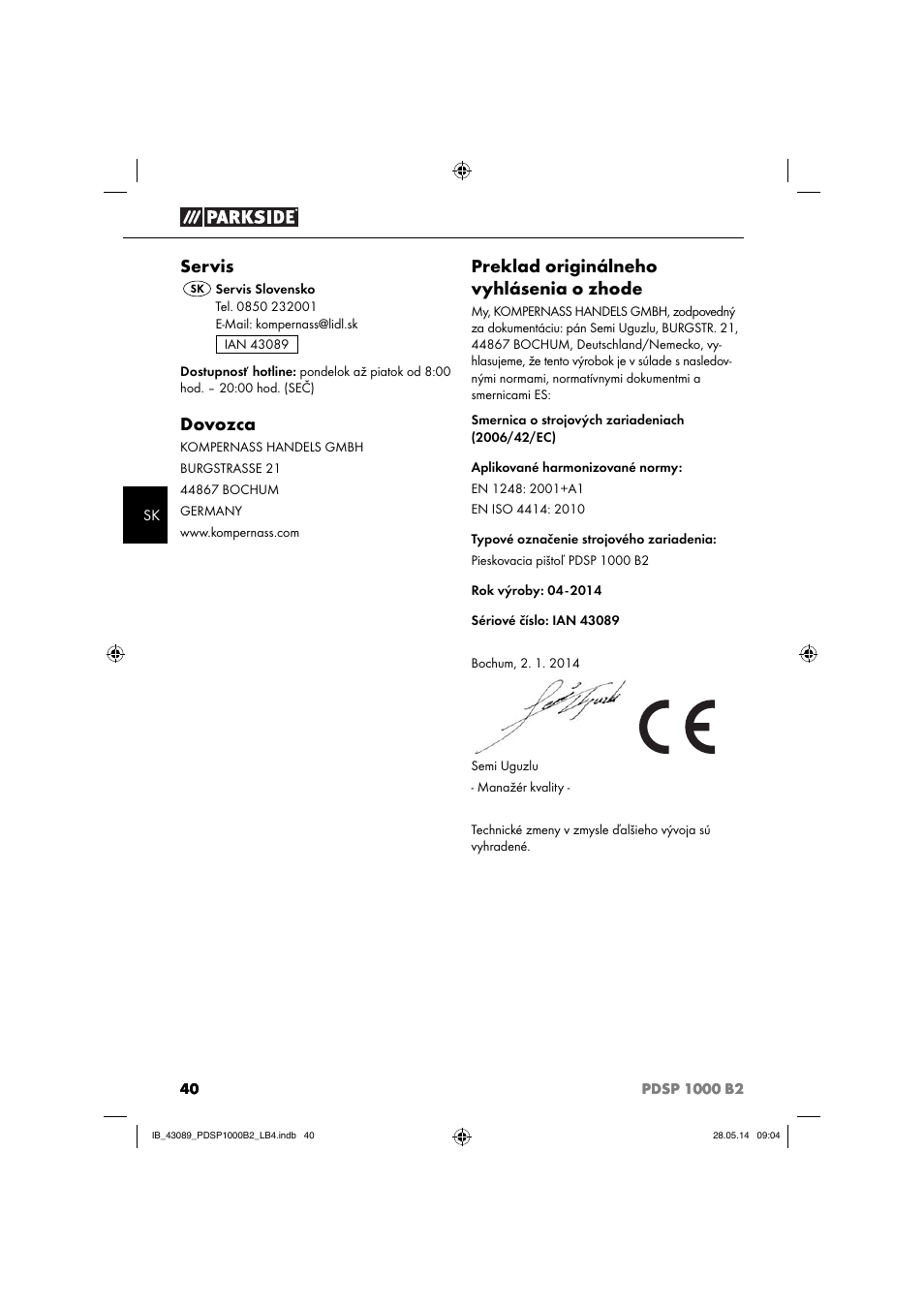 Servis, Dovozca, Preklad originálneho vyhlásenia o zhode | Parkside PDSP 1000 B2 User Manual | Page 44 / 53