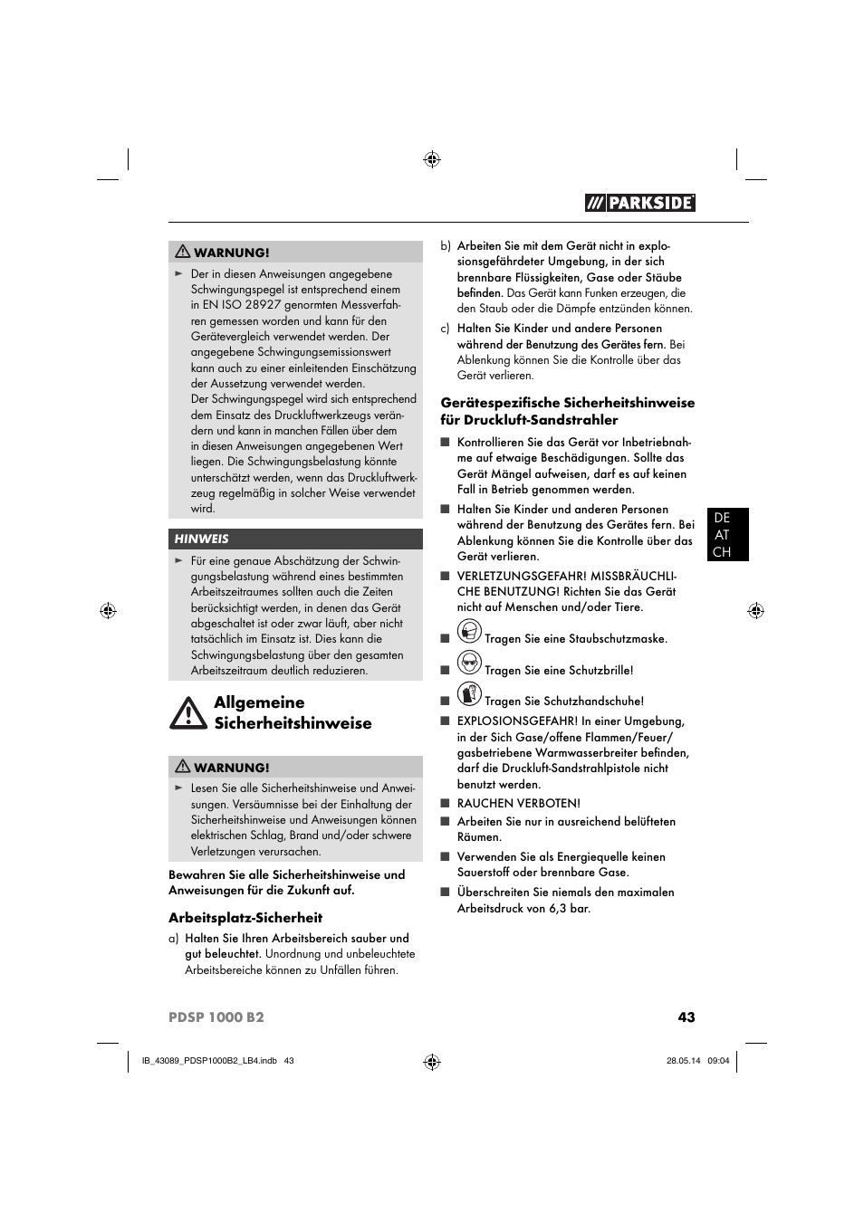Allgemeine sicherheitshinweise | Parkside PDSP 1000 B2 User Manual | Page 47 / 53