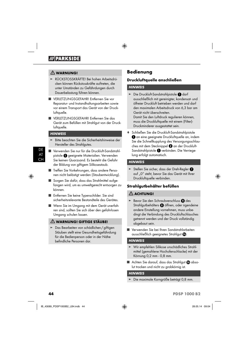 Bedienung | Parkside PDSP 1000 B2 User Manual | Page 48 / 53