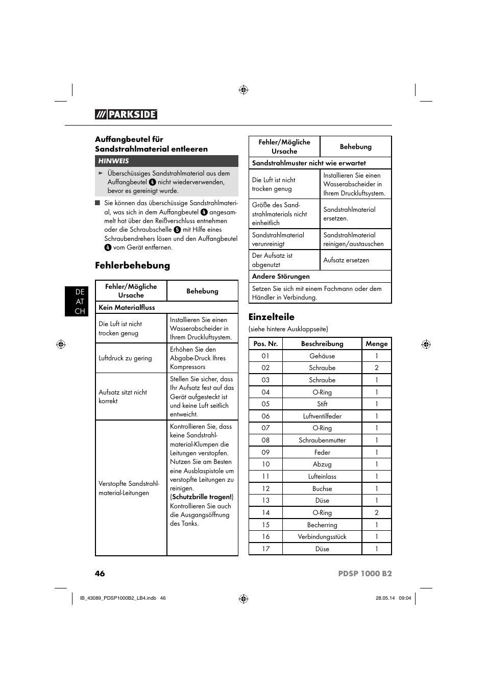 Fehlerbehebung, Einzelteile | Parkside PDSP 1000 B2 User Manual | Page 50 / 53