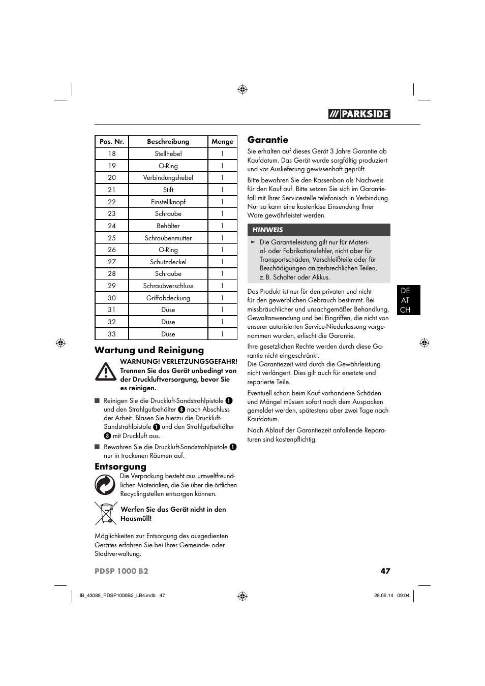 Wartung und reinigung, Entsorgung, Garantie | Parkside PDSP 1000 B2 User Manual | Page 51 / 53