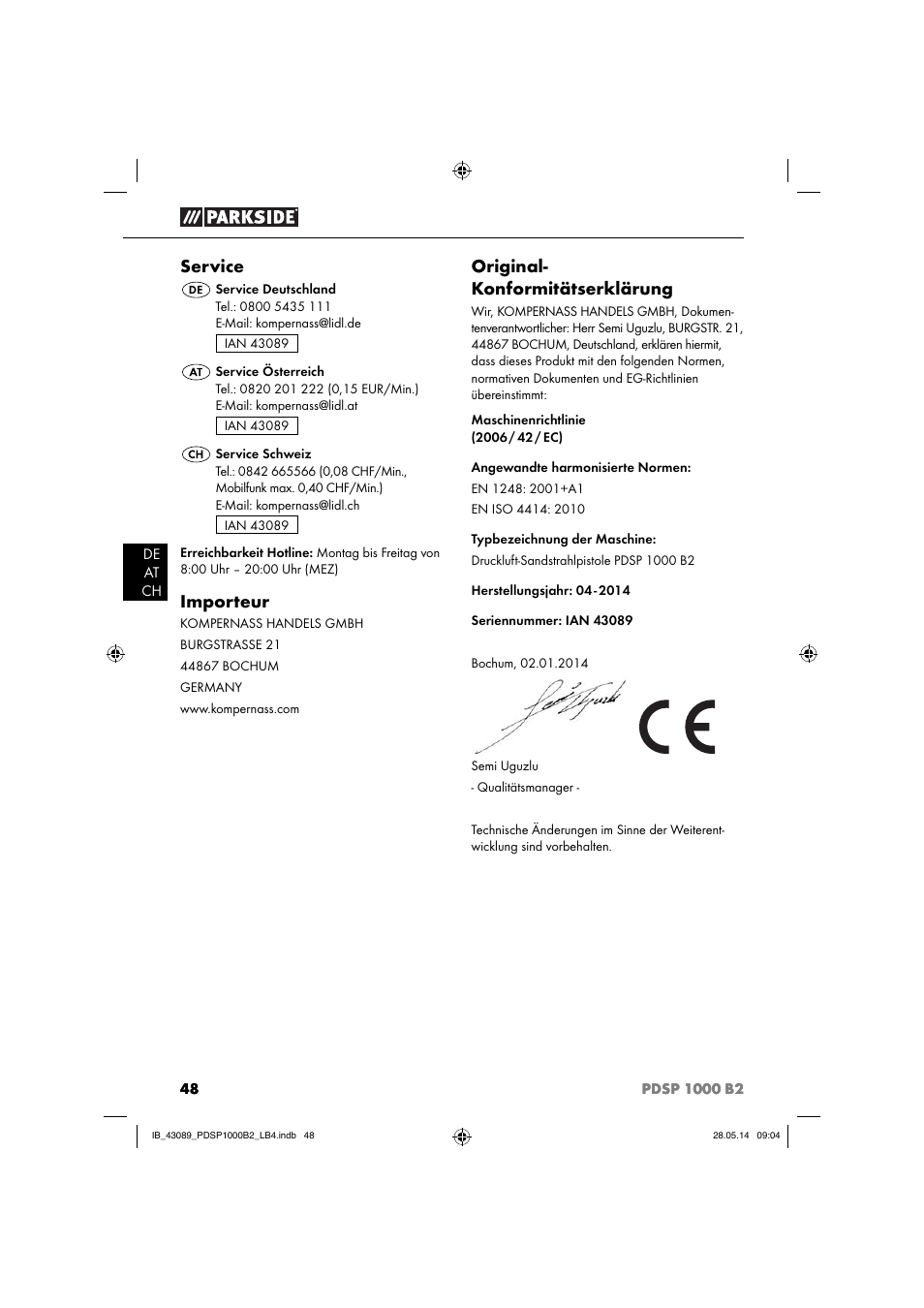 Service, Importeur, Original- konformitätserklärung | Parkside PDSP 1000 B2 User Manual | Page 52 / 53