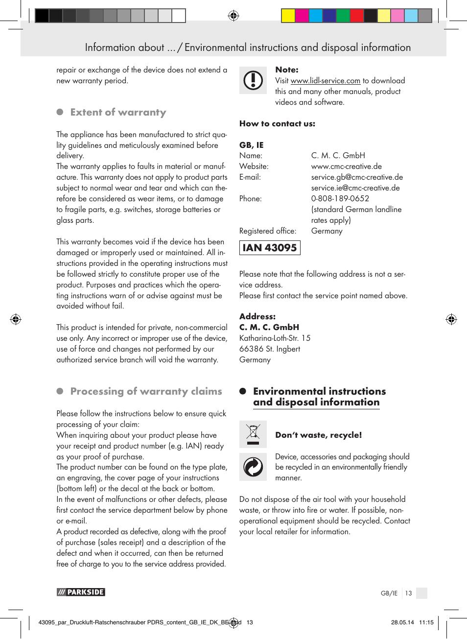 Extent of warranty, Processing of warranty claims | Parkside AIR RATCHET SET PDRS User Manual | Page 13 / 60