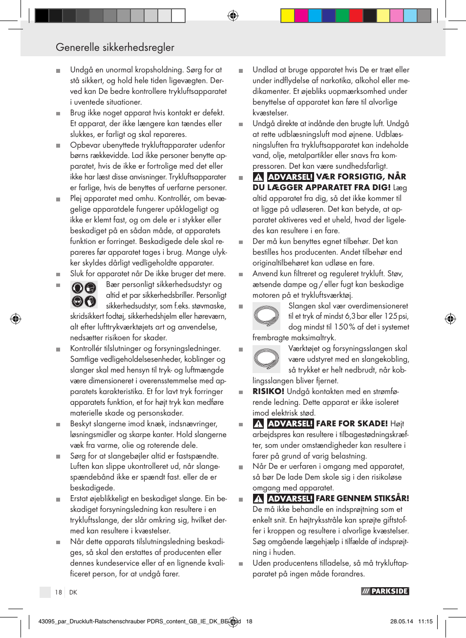 Generelle sikkerhedsregler | Parkside AIR RATCHET SET PDRS User Manual | Page 18 / 60