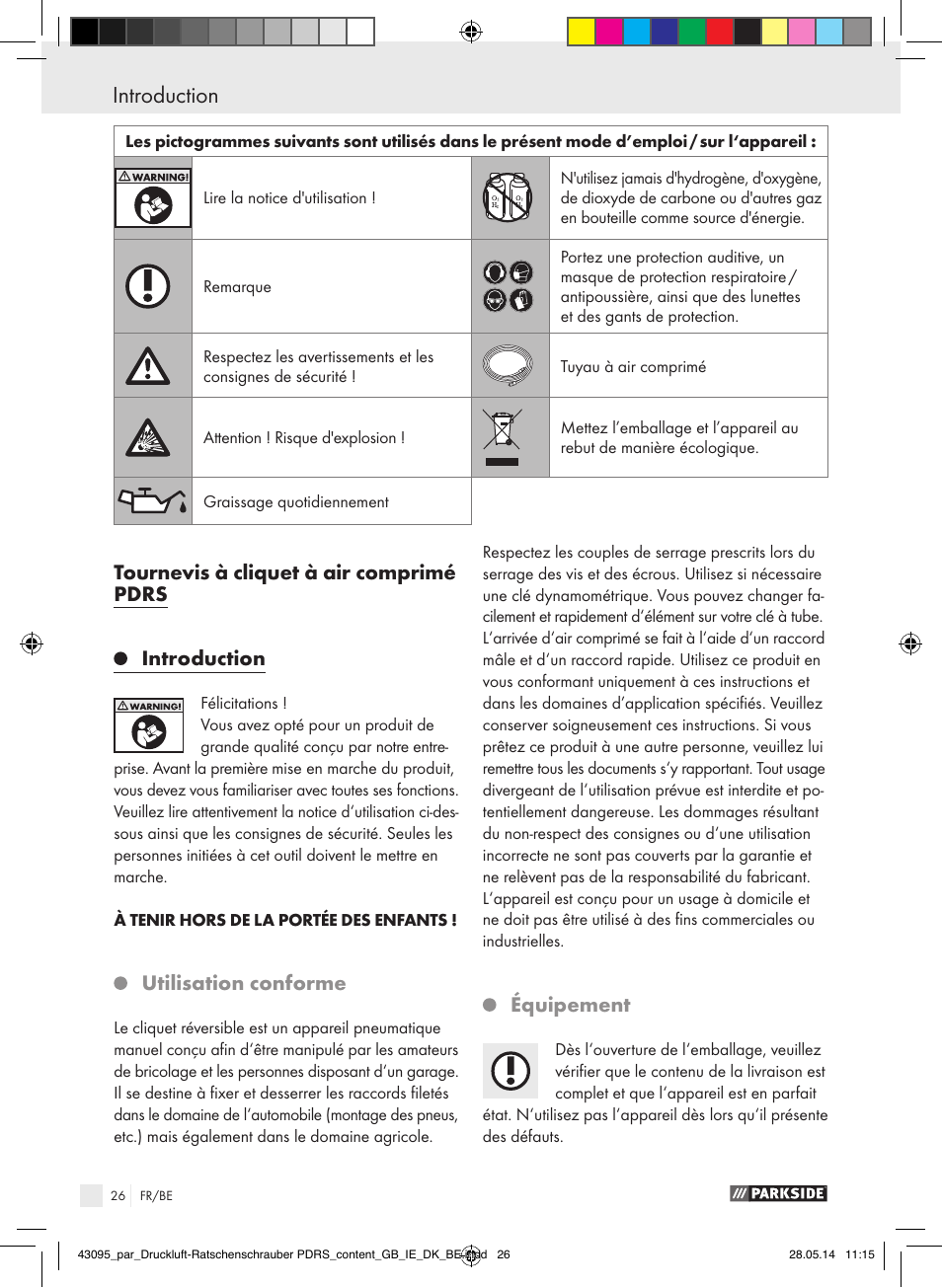 Utilisation conforme, Équipement | Parkside AIR RATCHET SET PDRS User Manual | Page 26 / 60