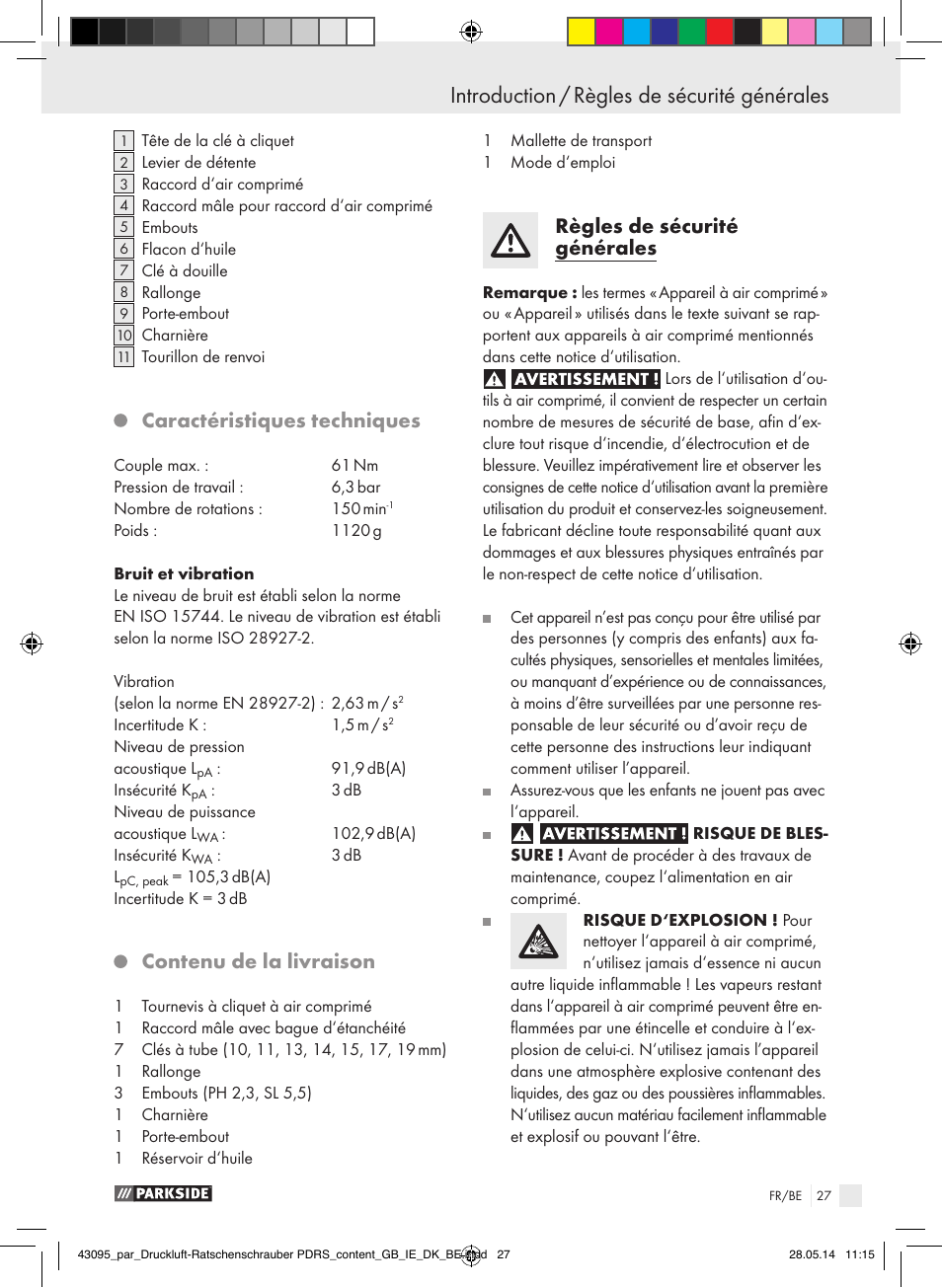 Caractéristiques techniques, Contenu de la livraison, Règles de sécurité générales | Parkside AIR RATCHET SET PDRS User Manual | Page 27 / 60