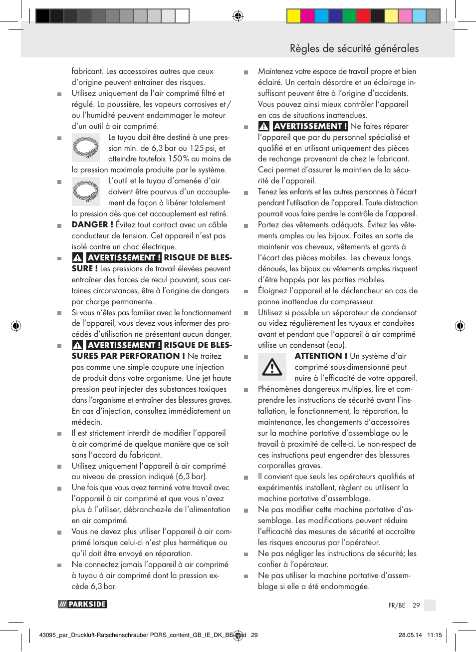 Règles de sécurité générales | Parkside AIR RATCHET SET PDRS User Manual | Page 29 / 60