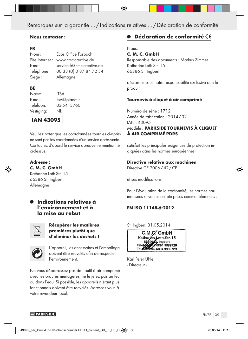 Déclaration de conformité | Parkside AIR RATCHET SET PDRS User Manual | Page 35 / 60