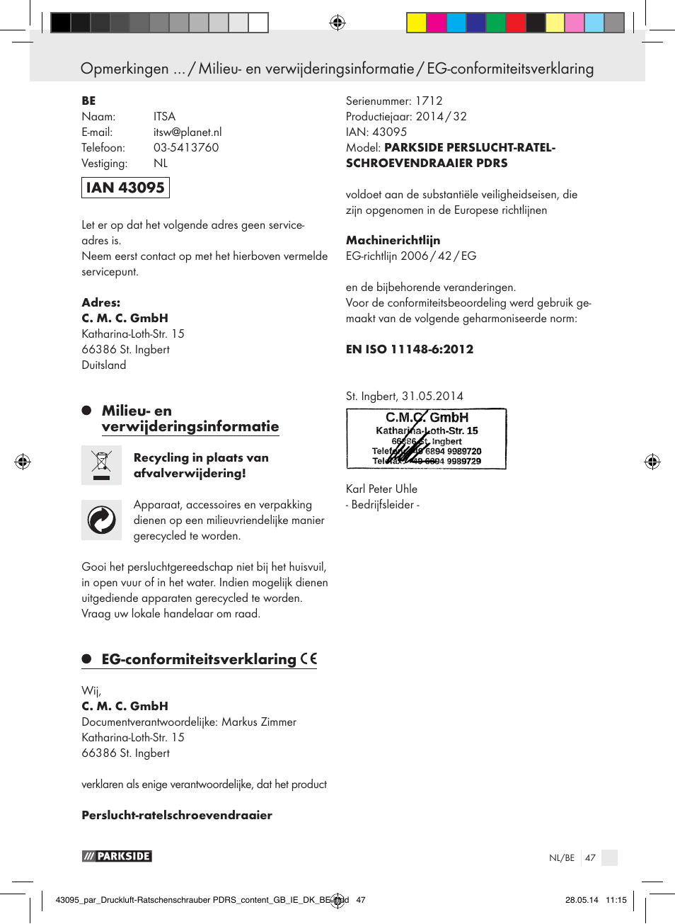 Milieu- en verwijderingsinformatie, Eg-conformiteitsverklaring | Parkside AIR RATCHET SET PDRS User Manual | Page 47 / 60