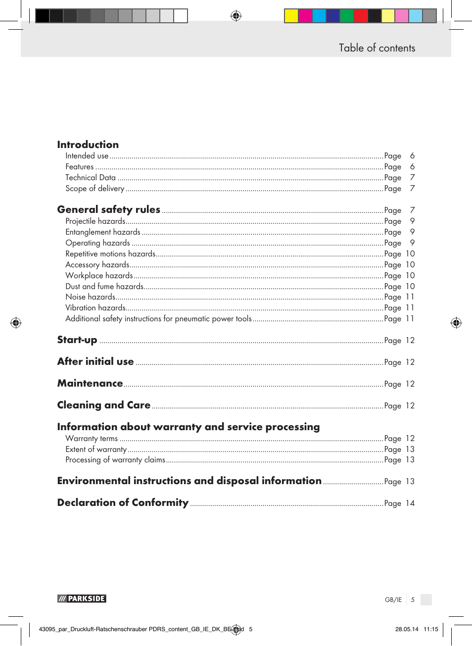 Parkside AIR RATCHET SET PDRS User Manual | Page 5 / 60