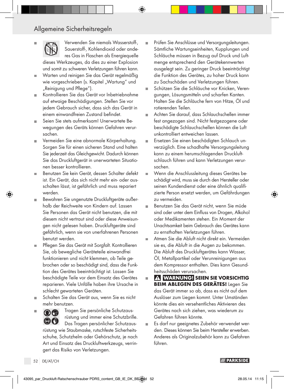 Allgemeine sicherheitsregeln | Parkside AIR RATCHET SET PDRS User Manual | Page 52 / 60