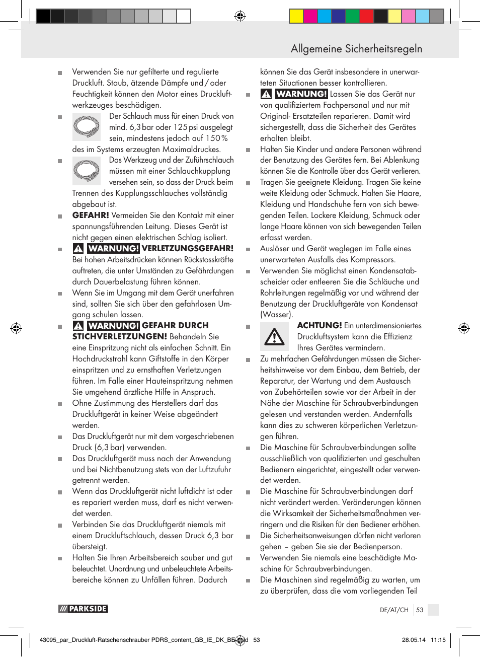 Allgemeine sicherheitsregeln | Parkside AIR RATCHET SET PDRS User Manual | Page 53 / 60