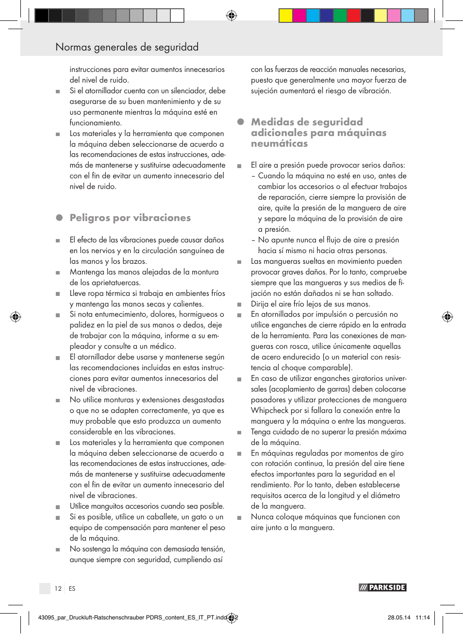 Peligros por vibraciones | Parkside AIR RATCHET SET PDRS User Manual | Page 12 / 62