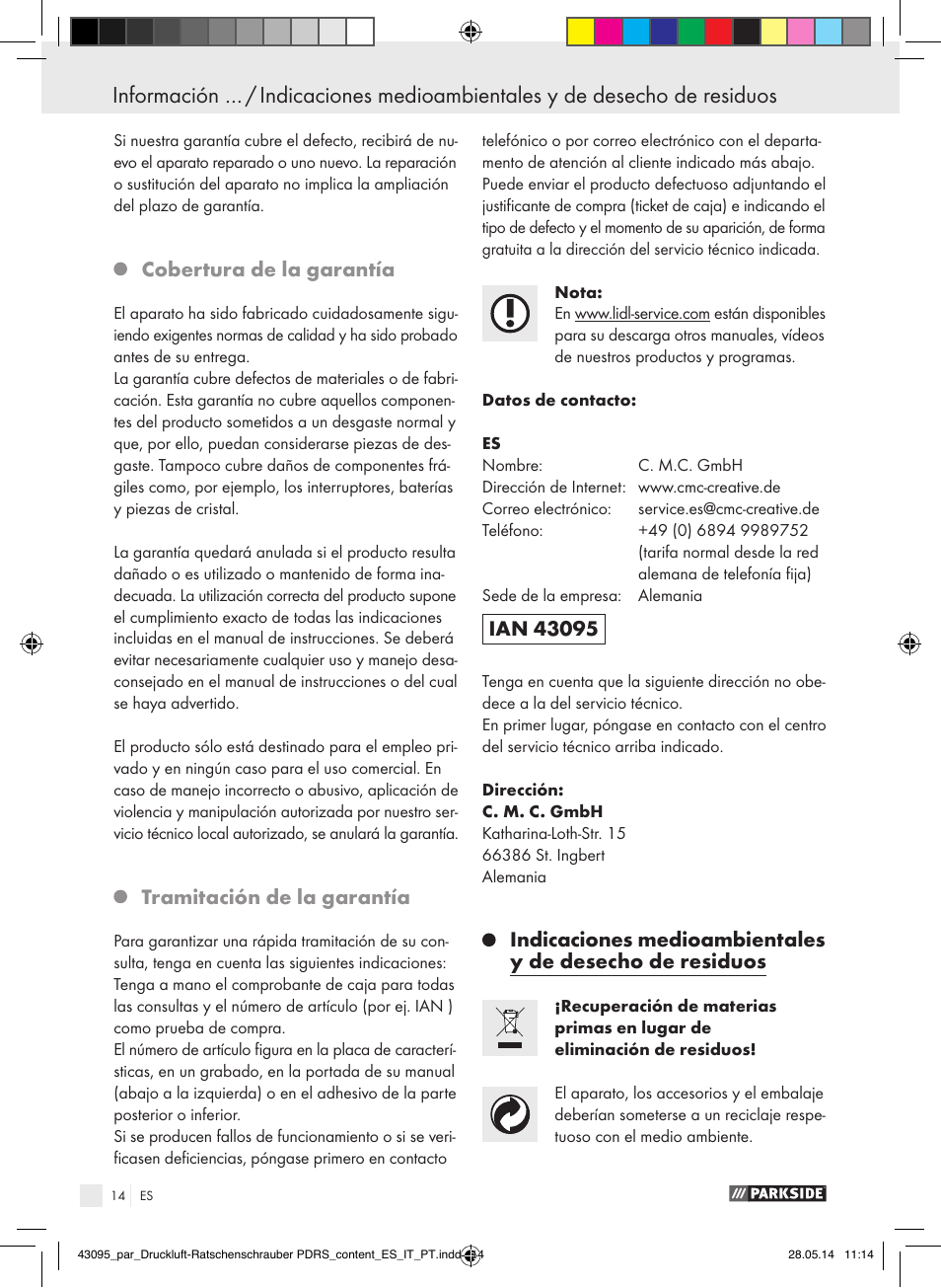 Cobertura de la garantía, Tramitación de la garantía | Parkside AIR RATCHET SET PDRS User Manual | Page 14 / 62