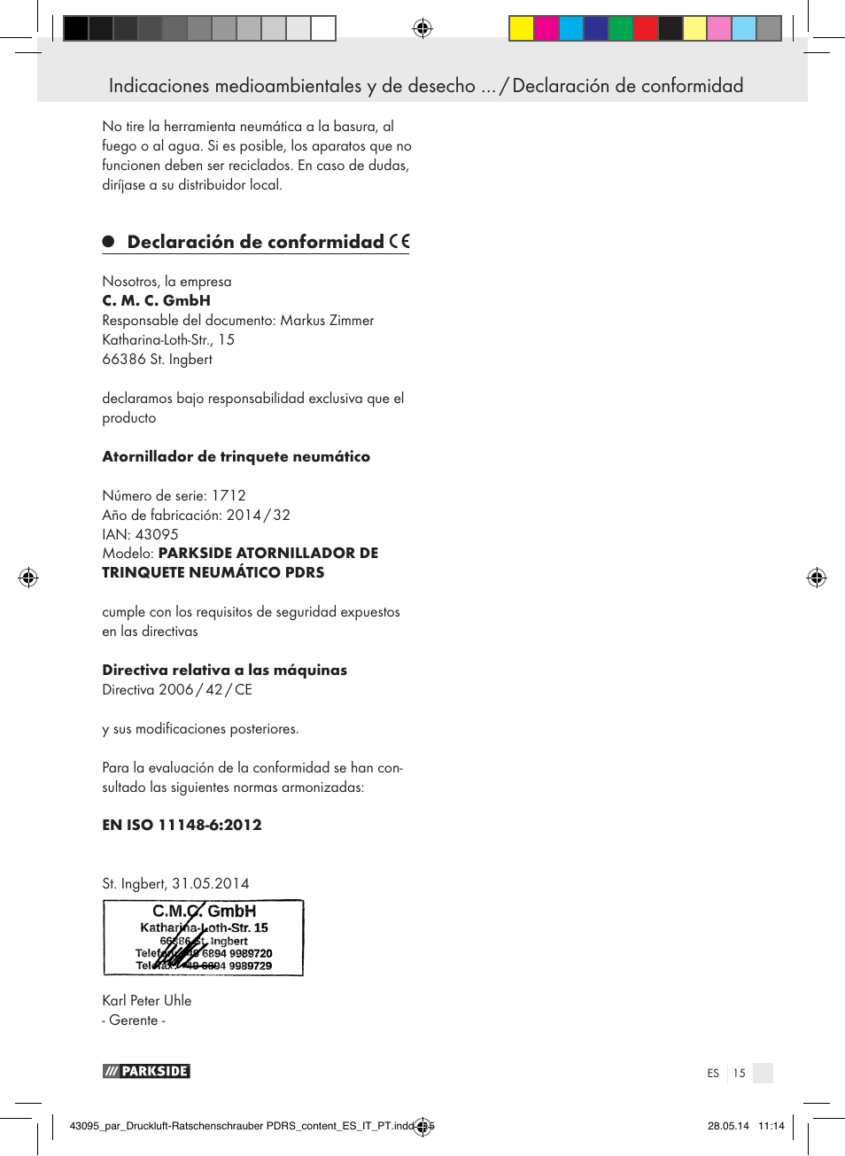 Declaración de conformidad | Parkside AIR RATCHET SET PDRS User Manual | Page 15 / 62