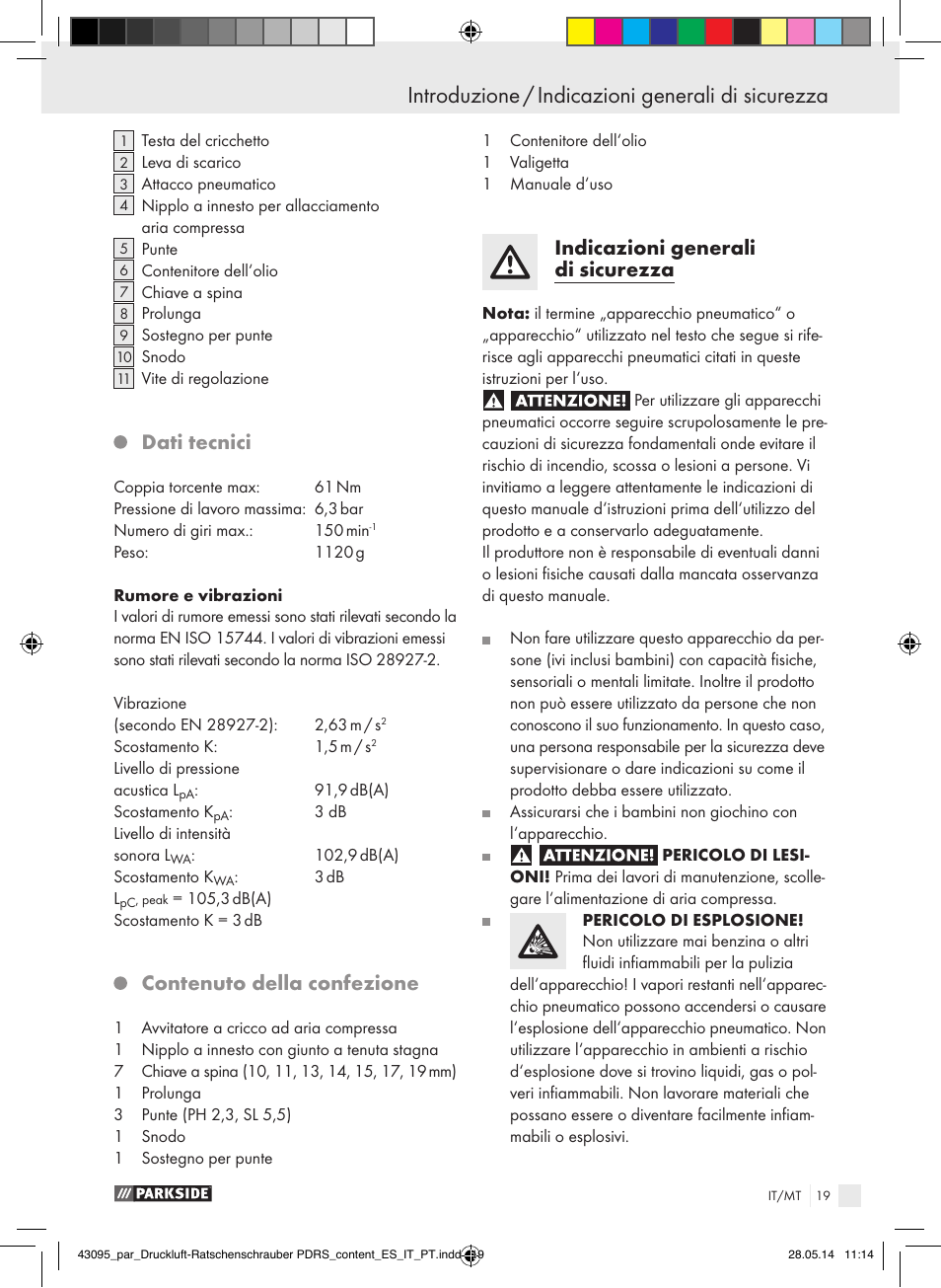 Dati tecnici, Contenuto della confezione, Indicazioni generali di sicurezza | Parkside AIR RATCHET SET PDRS User Manual | Page 19 / 62