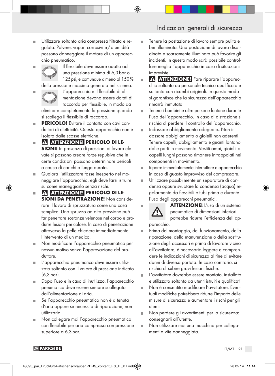 Indicazioni generali di sicurezza | Parkside AIR RATCHET SET PDRS User Manual | Page 21 / 62