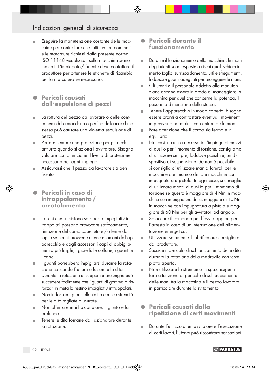 Indicazioni generali di sicurezza | Parkside AIR RATCHET SET PDRS User Manual | Page 22 / 62