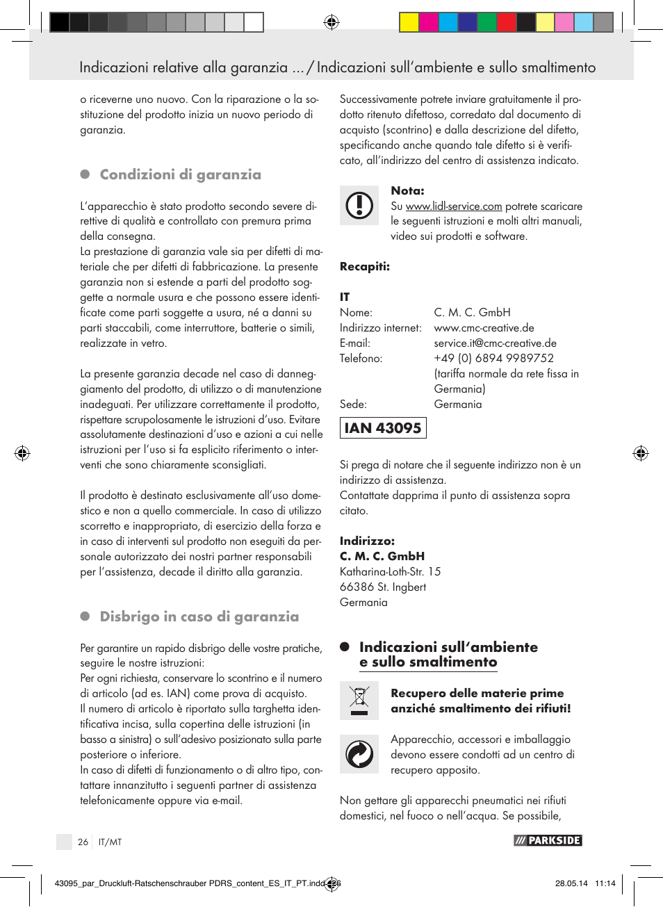 Condizioni di garanzia, Disbrigo in caso di garanzia, Indicazioni sull‘ambiente e sullo smaltimento | Parkside AIR RATCHET SET PDRS User Manual | Page 26 / 62