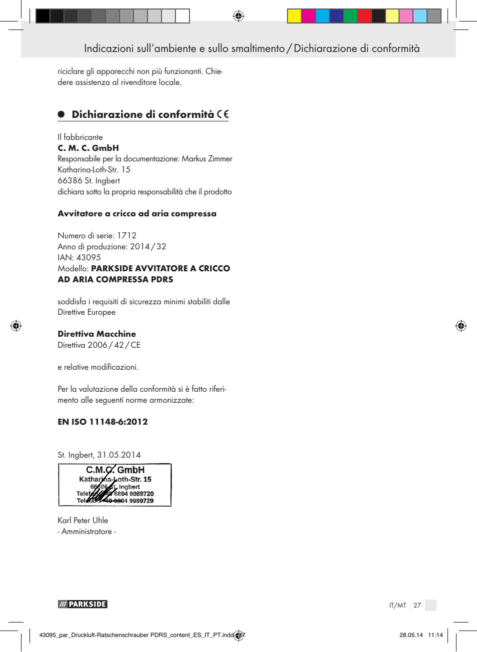 Dichiarazione di conformità | Parkside AIR RATCHET SET PDRS User Manual | Page 27 / 62