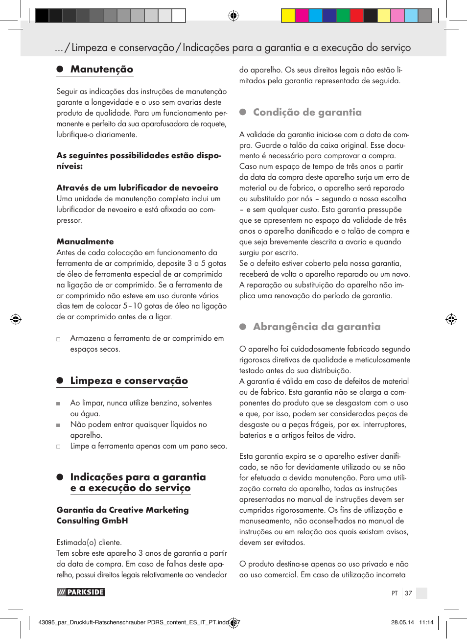 Manutenção, Limpeza e conservação, Indicações para a garantia e a execução do serviço | Condição de garantia, Abrangência da garantia | Parkside AIR RATCHET SET PDRS User Manual | Page 37 / 62