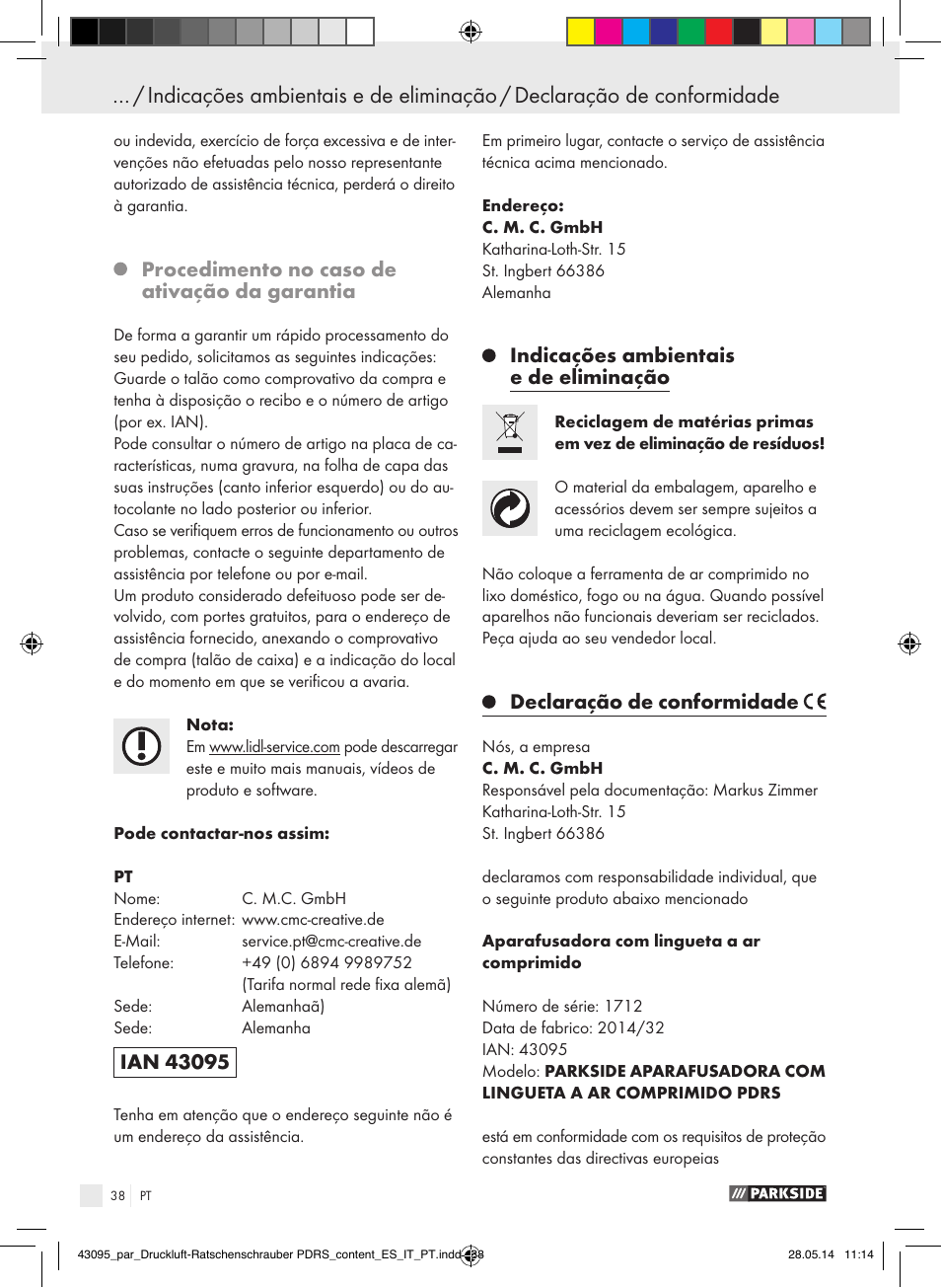 Procedimento no caso de ativação da garantia, Indicações ambientais e de eliminação, Declaração de conformidade | Parkside AIR RATCHET SET PDRS User Manual | Page 38 / 62