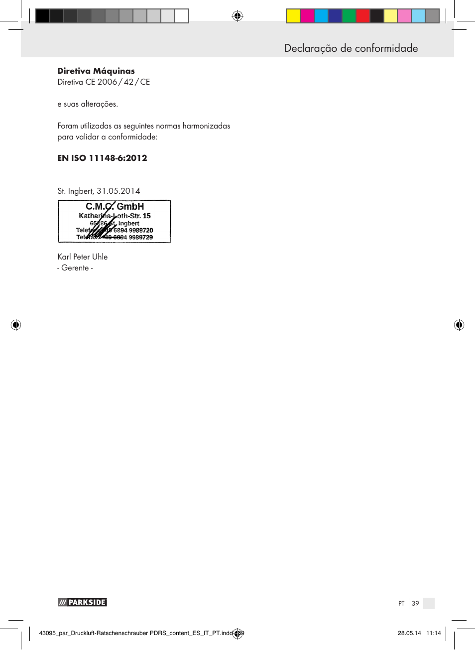 Declaração de conformidade | Parkside AIR RATCHET SET PDRS User Manual | Page 39 / 62