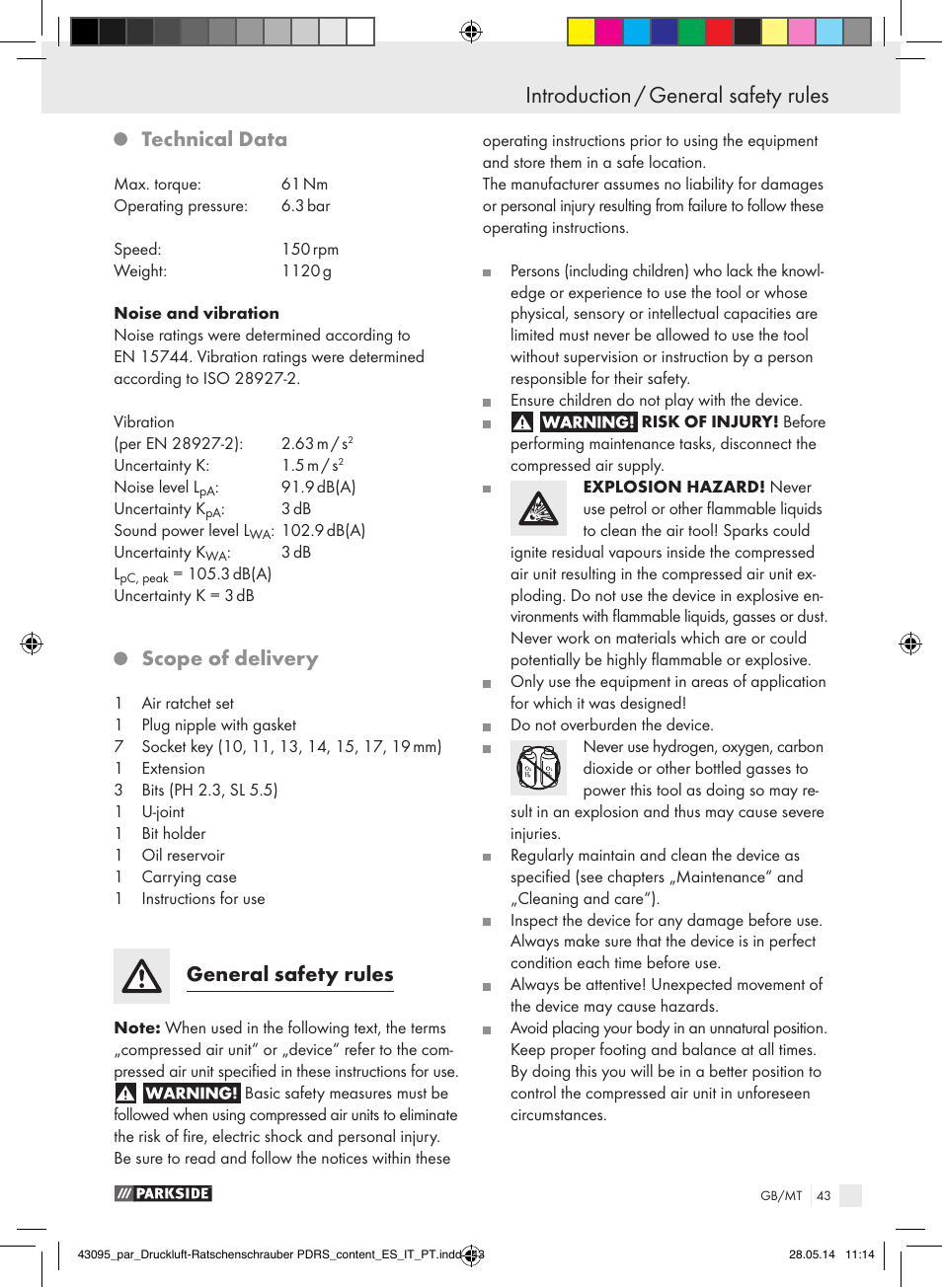 Introduction introduction / general safety rules, Technical data, Scope of delivery | General safety rules | Parkside AIR RATCHET SET PDRS User Manual | Page 43 / 62