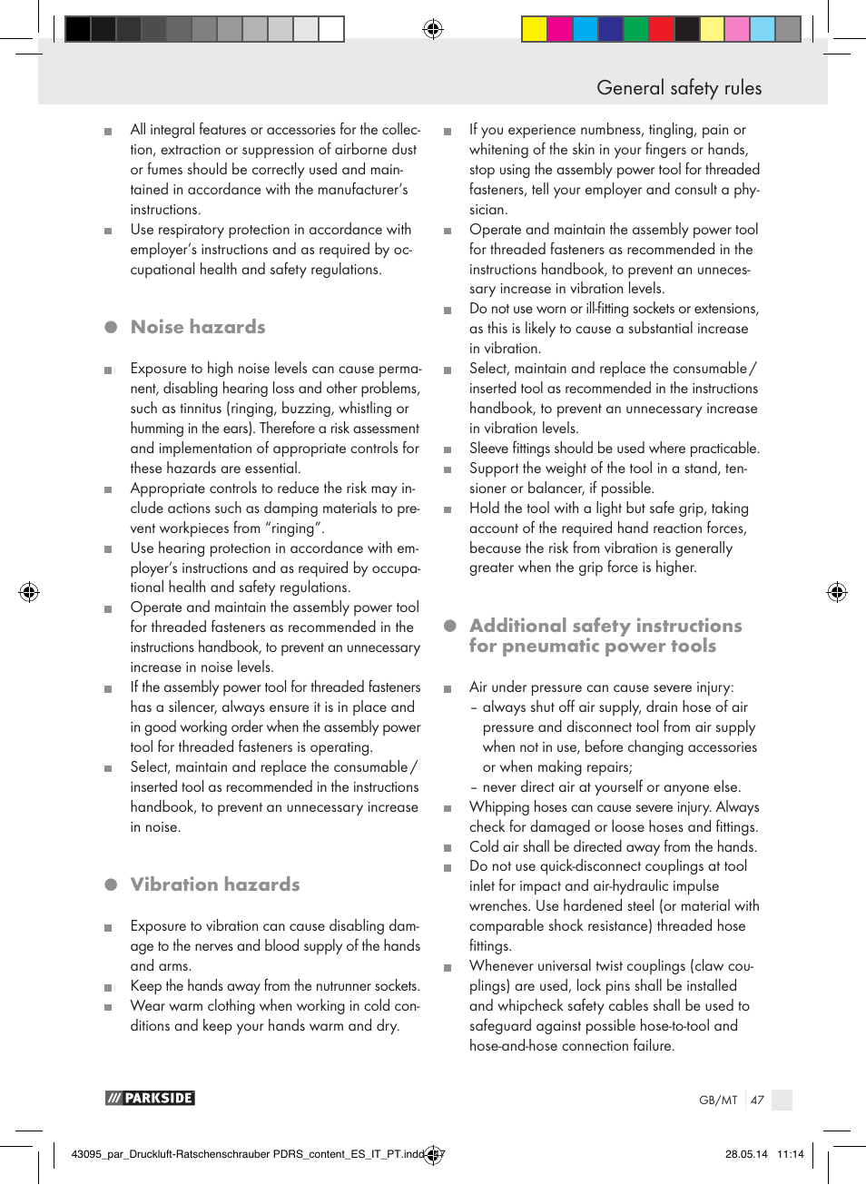 General safety rules, Noise hazards, Vibration hazards | Parkside AIR RATCHET SET PDRS User Manual | Page 47 / 62