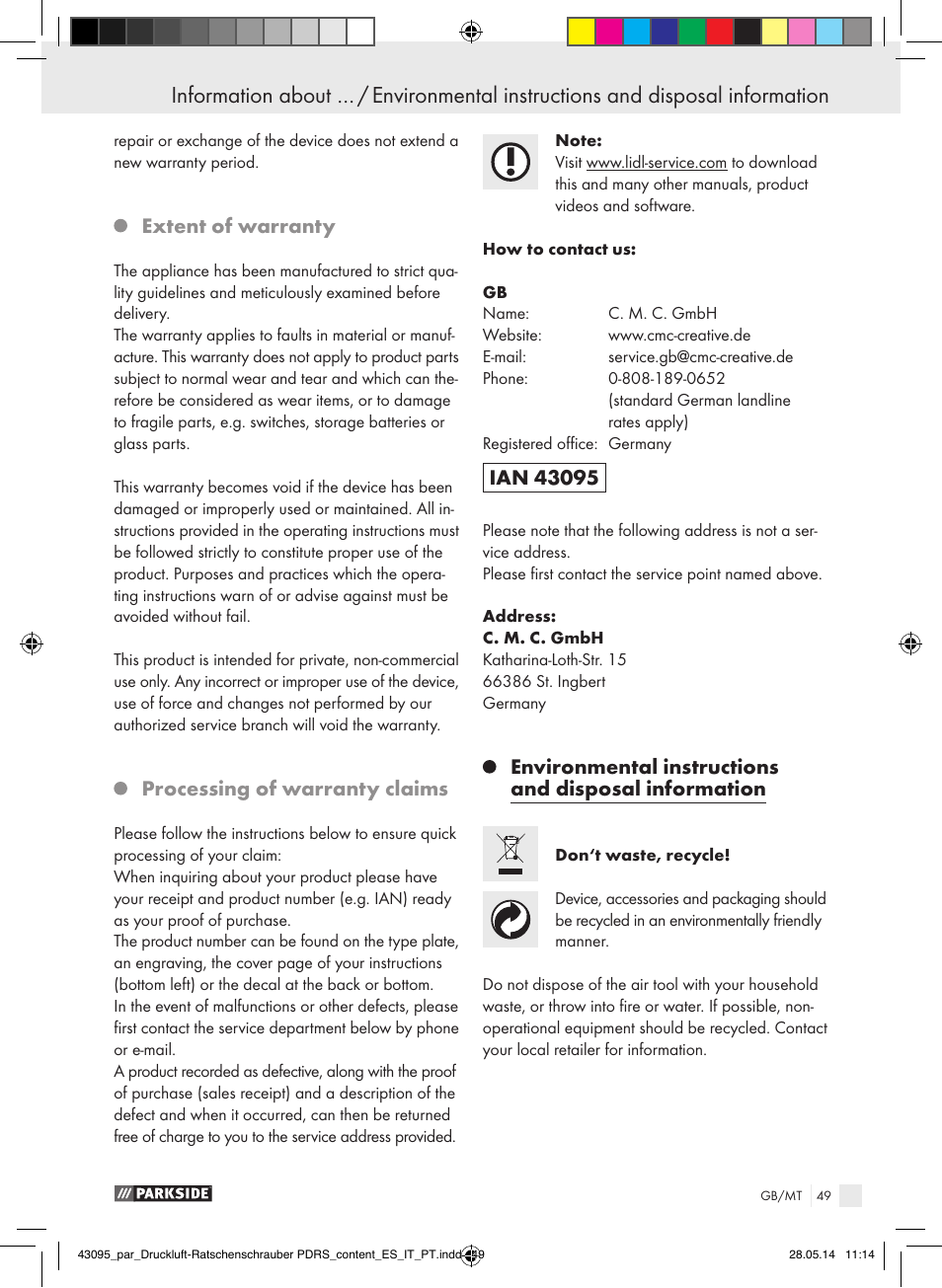 Extent of warranty, Processing of warranty claims | Parkside AIR RATCHET SET PDRS User Manual | Page 49 / 62