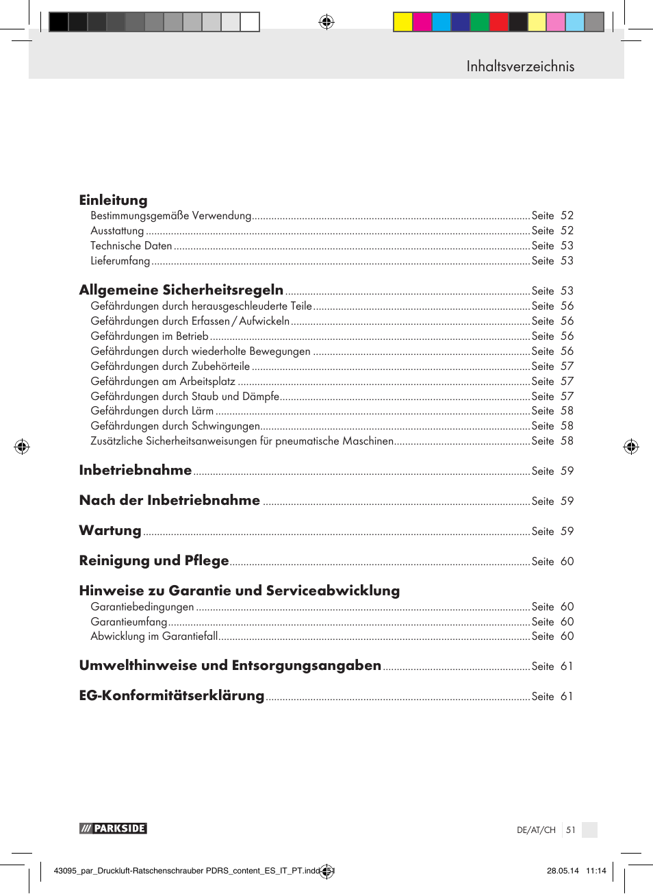 Declaration of conformity inhaltsverzeichnis | Parkside AIR RATCHET SET PDRS User Manual | Page 51 / 62