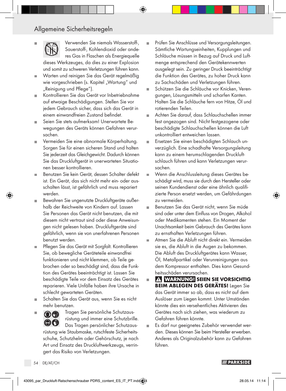 Allgemeine sicherheitsregeln | Parkside AIR RATCHET SET PDRS User Manual | Page 54 / 62