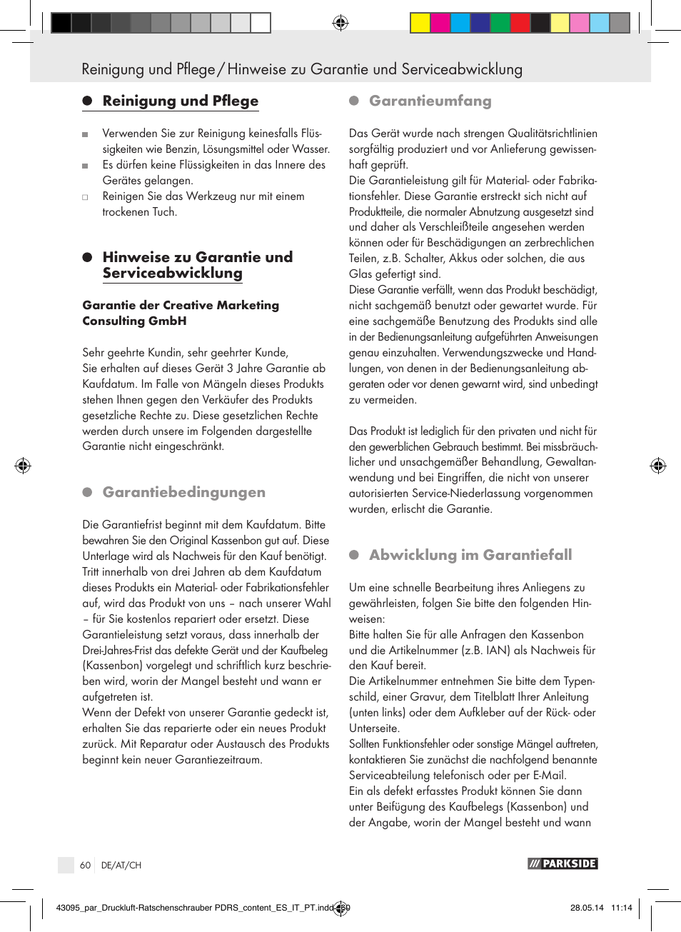 Reinigung und pflege, Hinweise zu garantie und serviceabwicklung, Garantiebedingungen | Garantieumfang, Abwicklung im garantiefall | Parkside AIR RATCHET SET PDRS User Manual | Page 60 / 62
