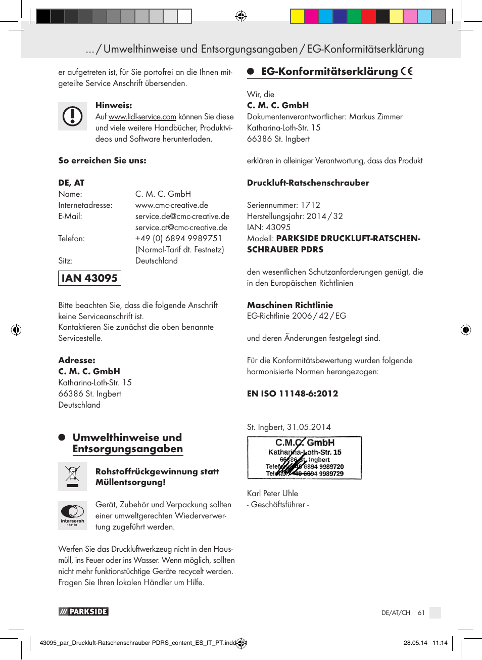 Umwelthinweise und entsorgungsangaben, Eg-konformitätserklärung | Parkside AIR RATCHET SET PDRS User Manual | Page 61 / 62