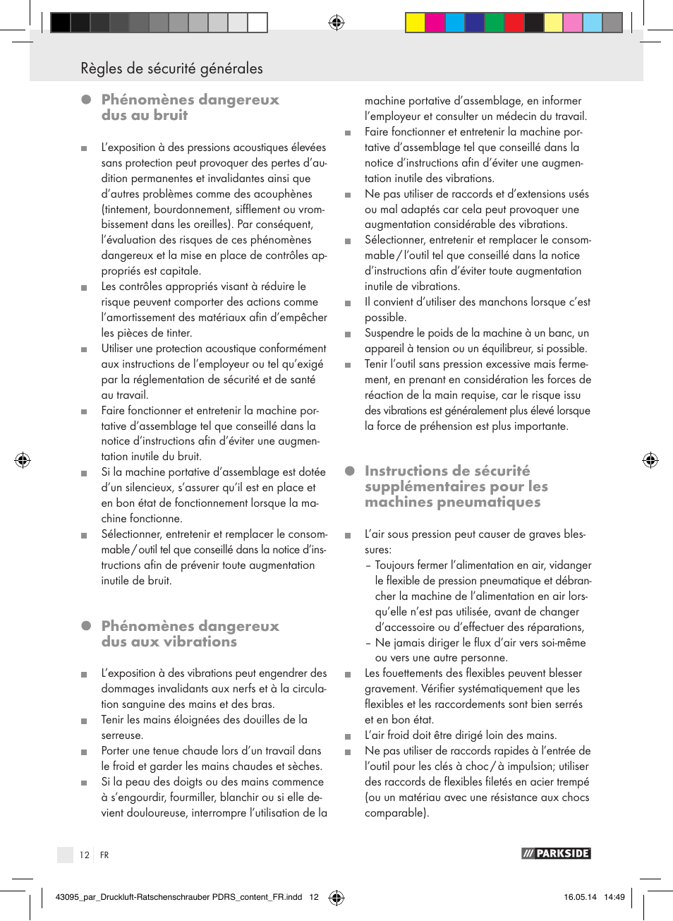 Phénomènes dangereux dus au bruit, Phénomènes dangereux dus aux vibrations | Parkside AIR RATCHET SET PDRS User Manual | Page 12 / 39