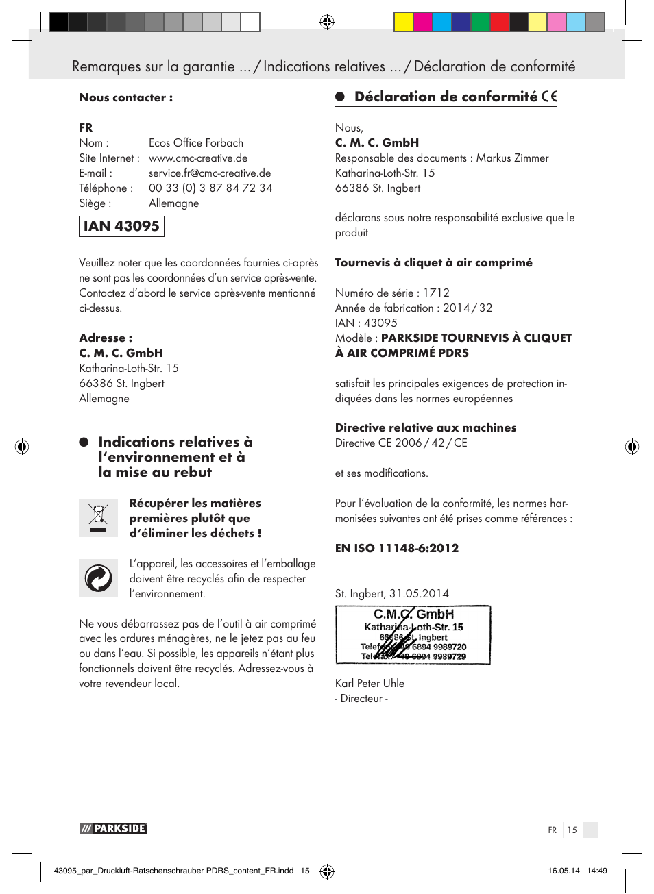 Déclaration de conformité | Parkside AIR RATCHET SET PDRS User Manual | Page 15 / 39