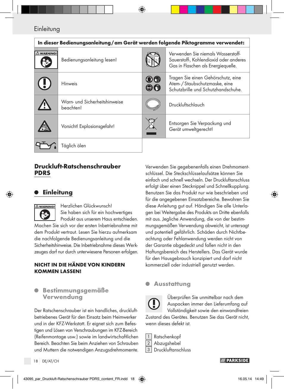 Einleitung, Einleitung / allgemeine sicherheitsregeln, Druckluft-ratschenschrauber pdrs einleitung | Bestimmungsgemäße verwendung, Ausstattung | Parkside AIR RATCHET SET PDRS User Manual | Page 18 / 39