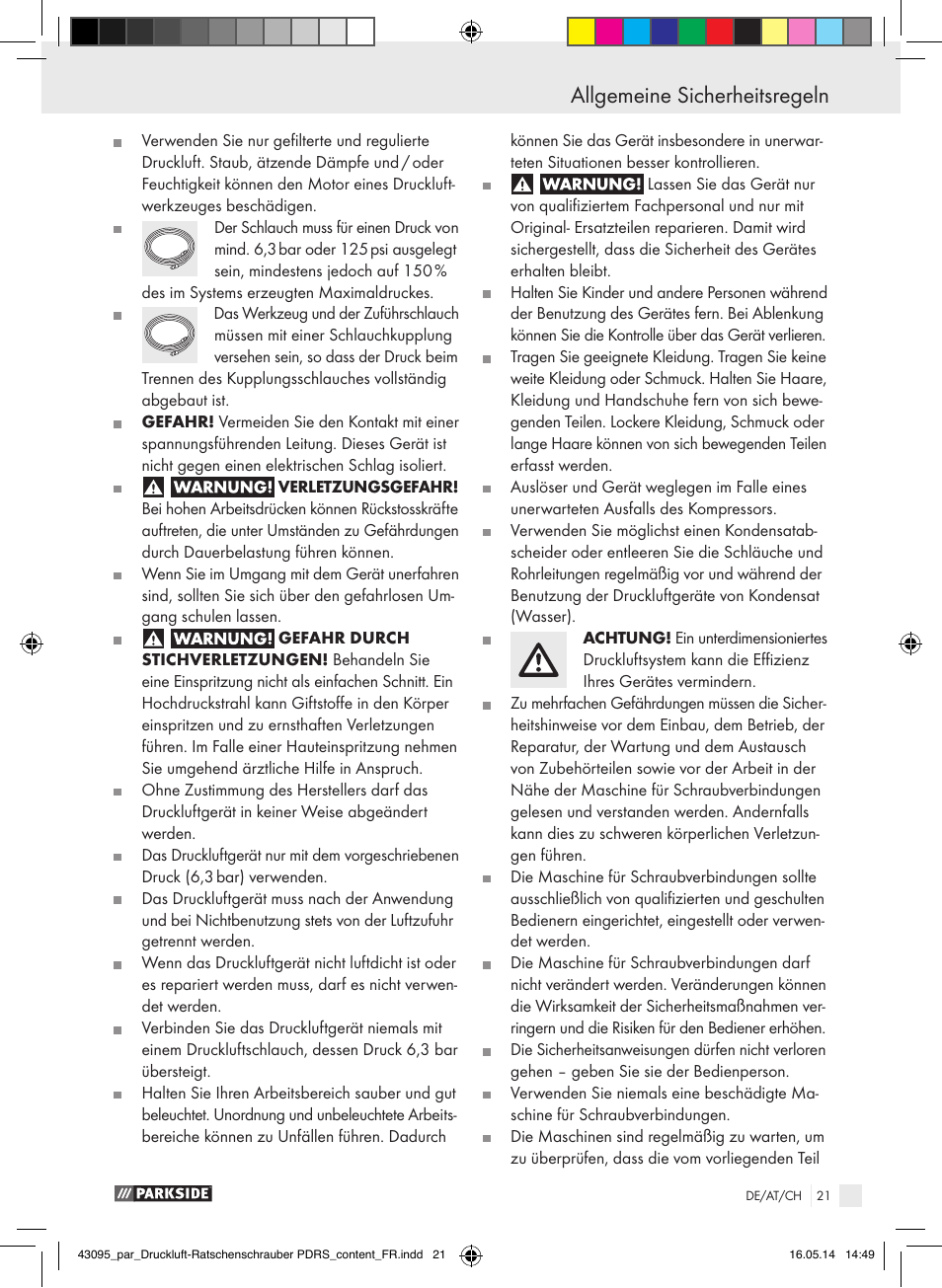 Allgemeine sicherheitsregeln | Parkside AIR RATCHET SET PDRS User Manual | Page 21 / 39