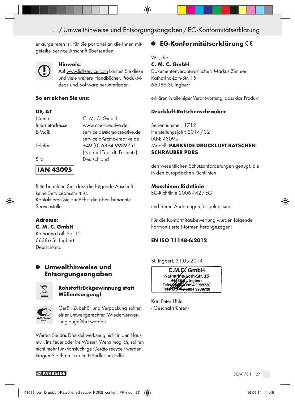 Umwelthinweise und entsorgungsangaben, Eg-konformitätserklärung | Parkside AIR RATCHET SET PDRS User Manual | Page 27 / 39