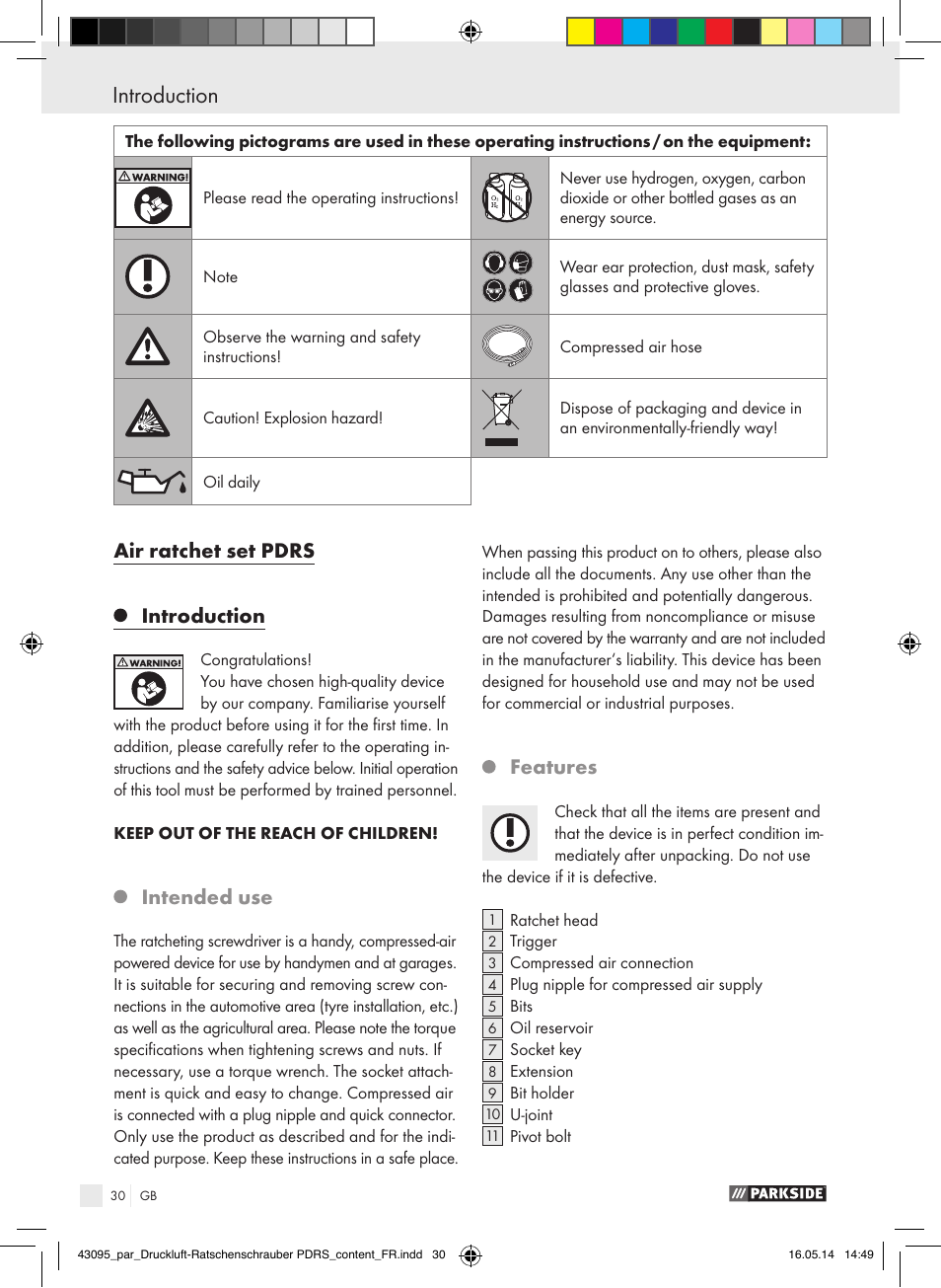 Introduction, Introduction / general safety rules, Air ratchet set pdrs introduction | Intended use, Features | Parkside AIR RATCHET SET PDRS User Manual | Page 30 / 39