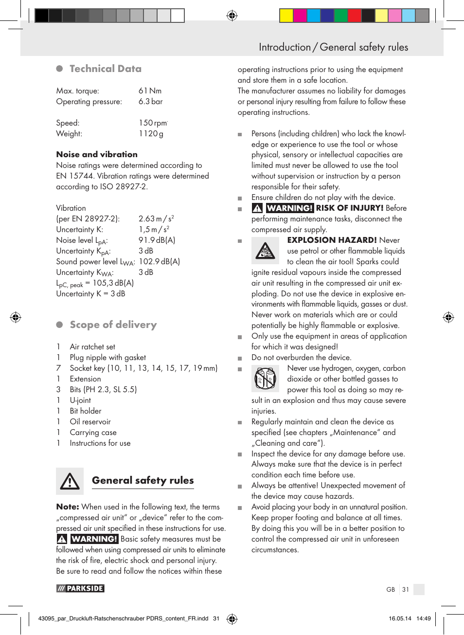Introduction introduction / general safety rules, Technical data, Scope of delivery | General safety rules | Parkside AIR RATCHET SET PDRS User Manual | Page 31 / 39