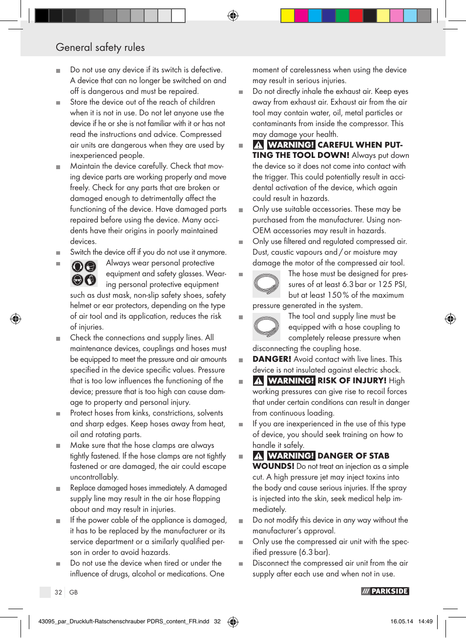 General safety rules | Parkside AIR RATCHET SET PDRS User Manual | Page 32 / 39